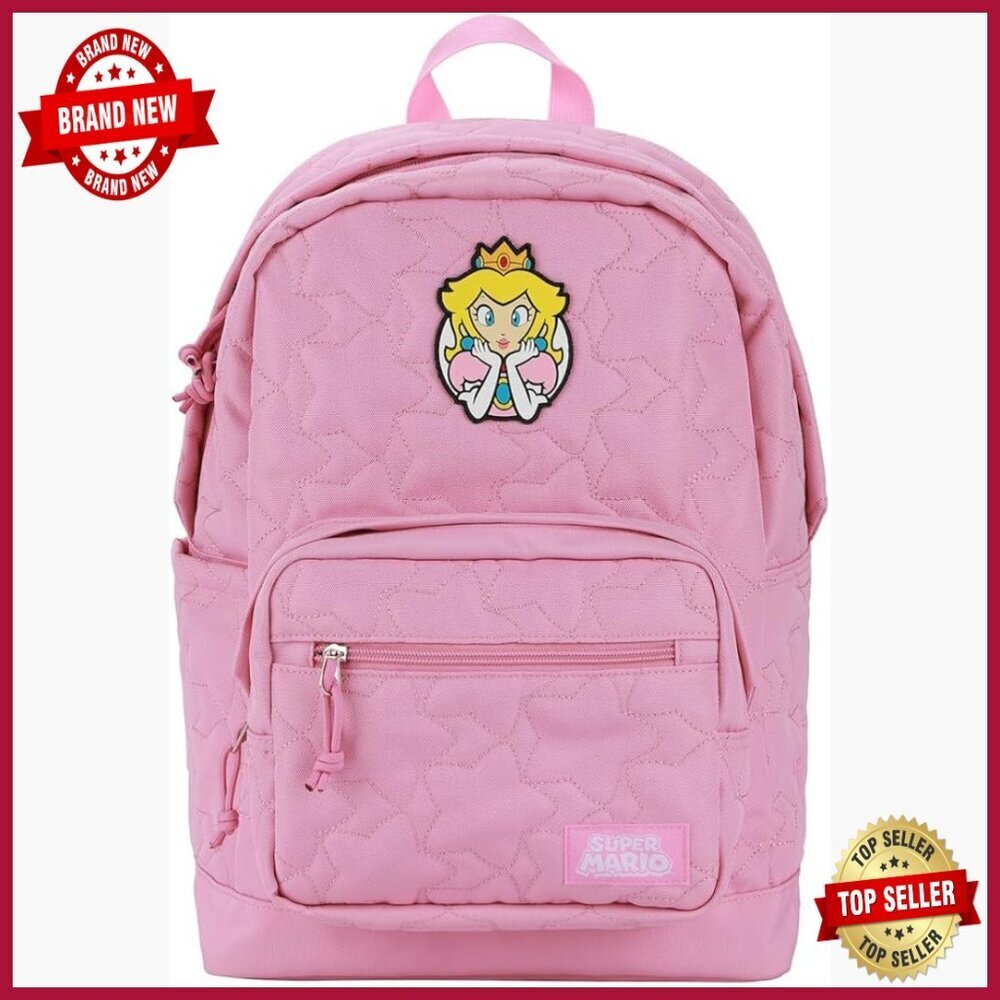 17" Quilted Backpack with Laptop Sleeve, Adjustable Straps, Princess Peach